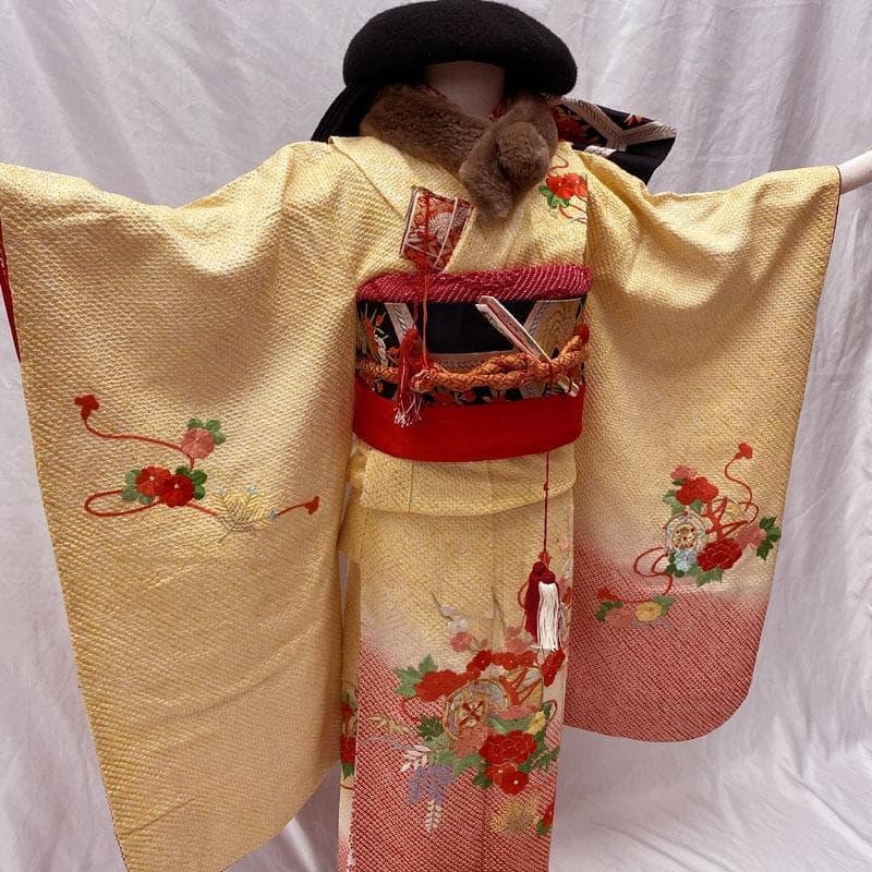 509ag26◎七五三 七歳 女児 着物&袋帯 総絞り 金駒刺繍 刺繍 黄赤◎