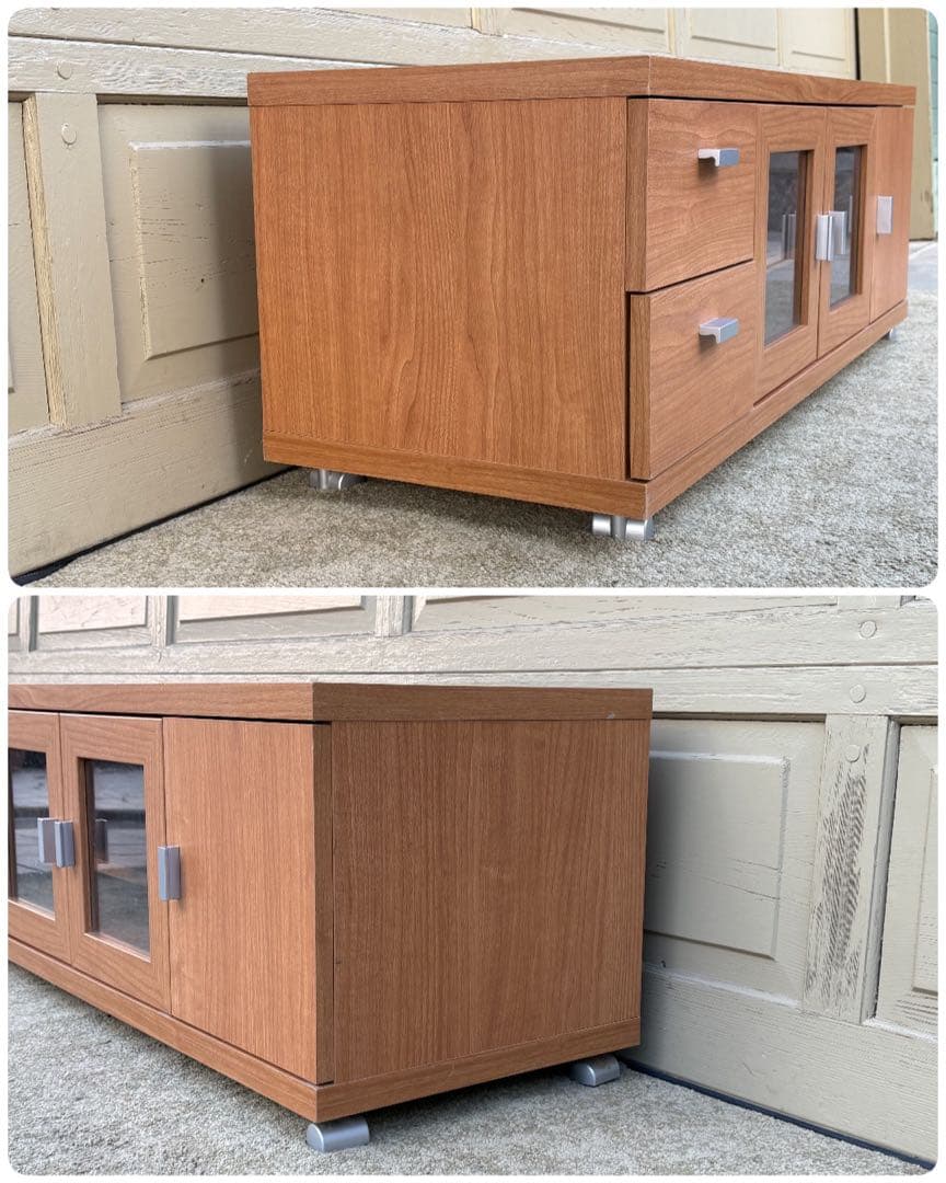 ローボード テレビボード リビングボード ガラス扉 ナチュラル キャスター付