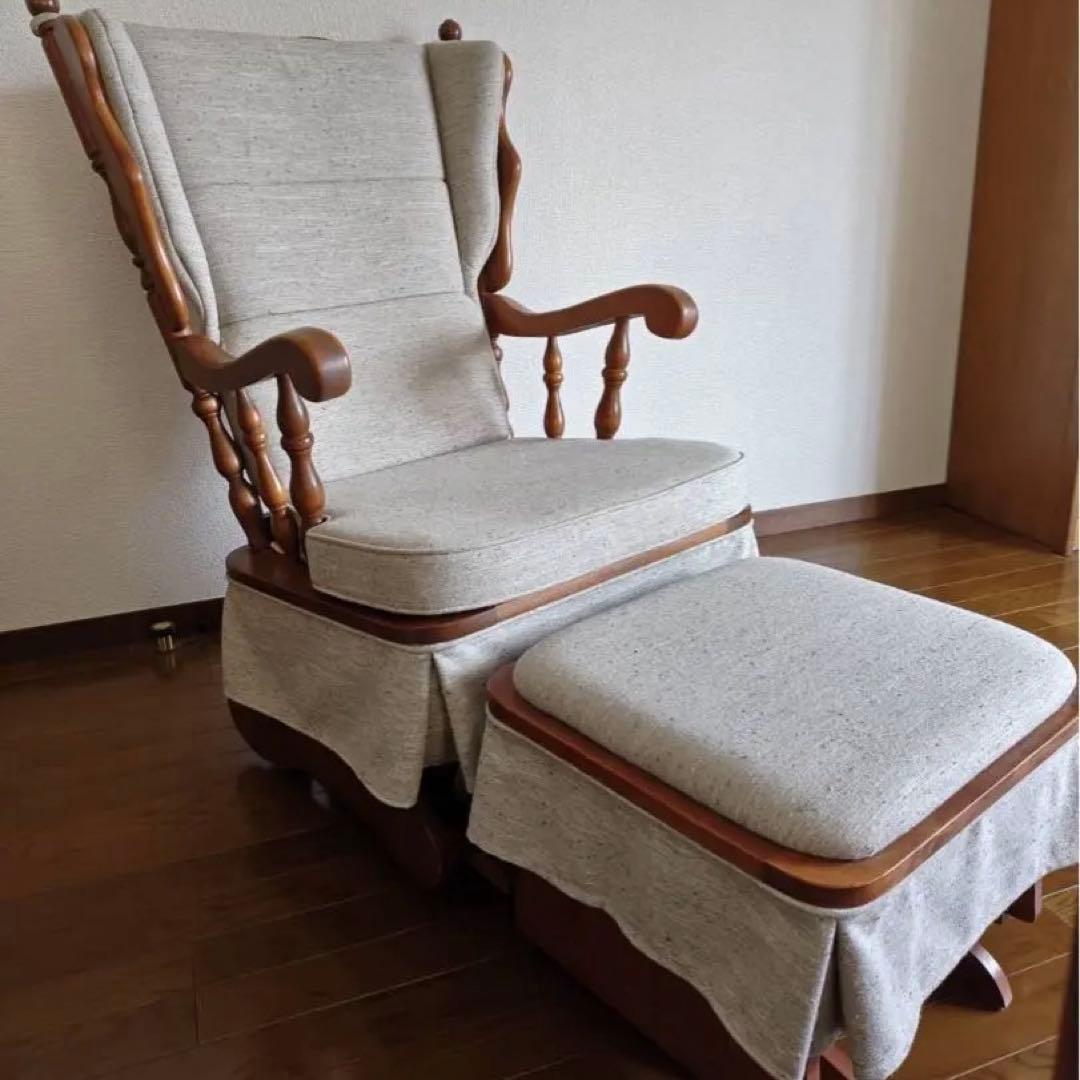 【最終価格！美品】アンティークロッキングチェア＆オットマン　ファブリック張替済