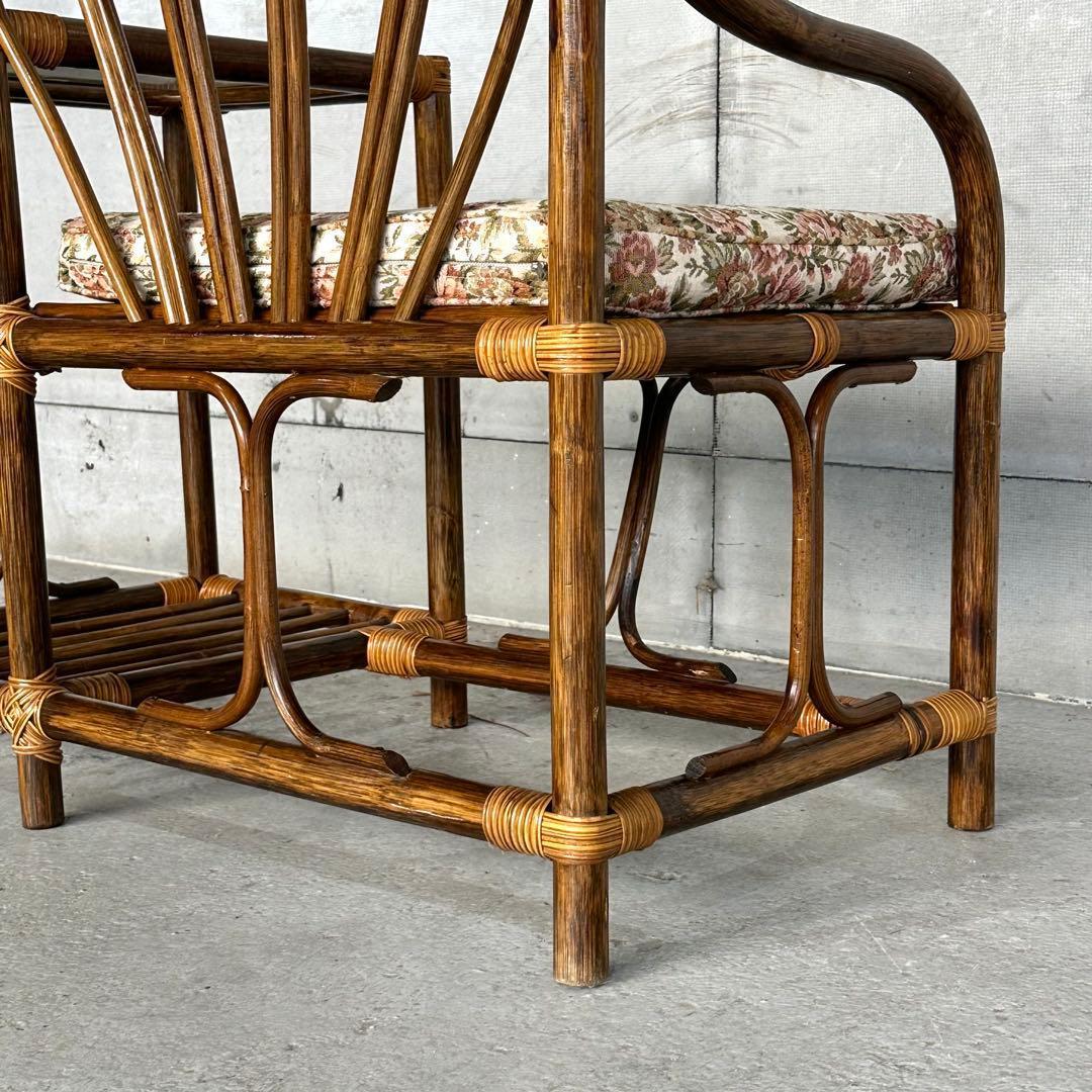 ✿80s✿ 昭和レトロ ラタンアームチェア サイドテーブル一体型ガラストップ