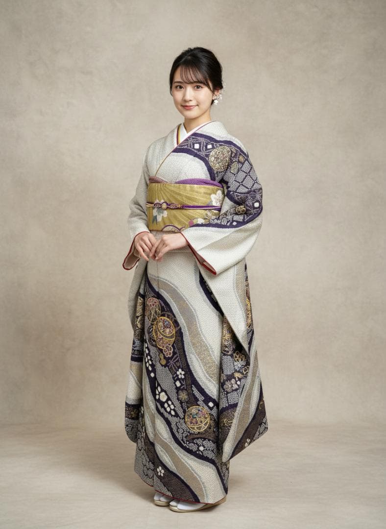 本加工総絞り 刺繍くすみカラー 薄グレー地 振袖 袋帯 フルセット