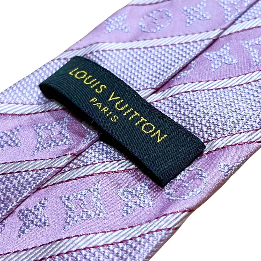 美品　ルイヴィトン　ネクタイ　モノグラム　ピンク　ロゴ　ジャガード　ストライプ