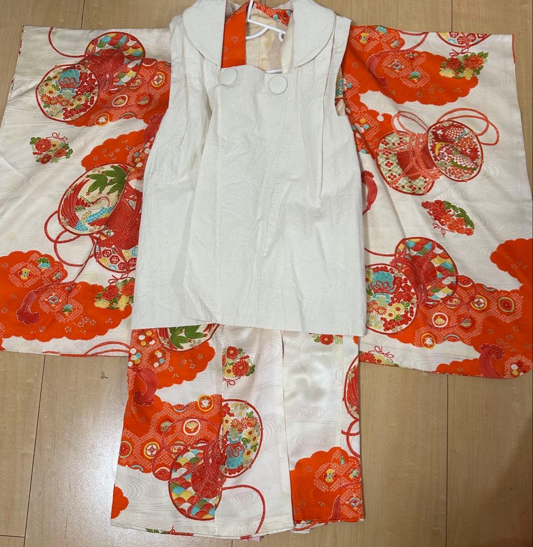 七五三 3歳 着物 被布 オレンジ 白