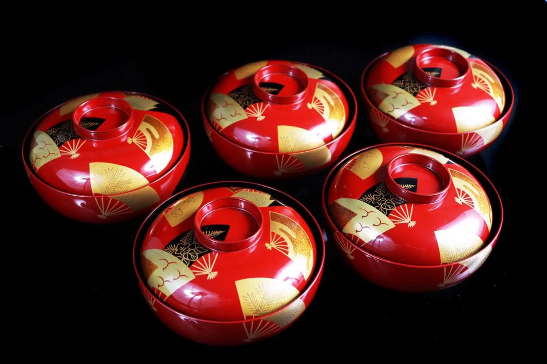 輪島塗 朱扇金蒔絵 煮物椀 五客 共箱 前田定治郎