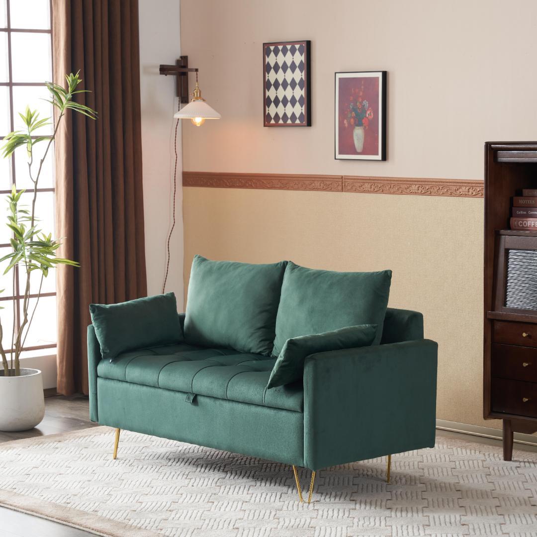 グリーン ソファー 2人掛け ソファ 収納付き クッション4個付き金属脚付き