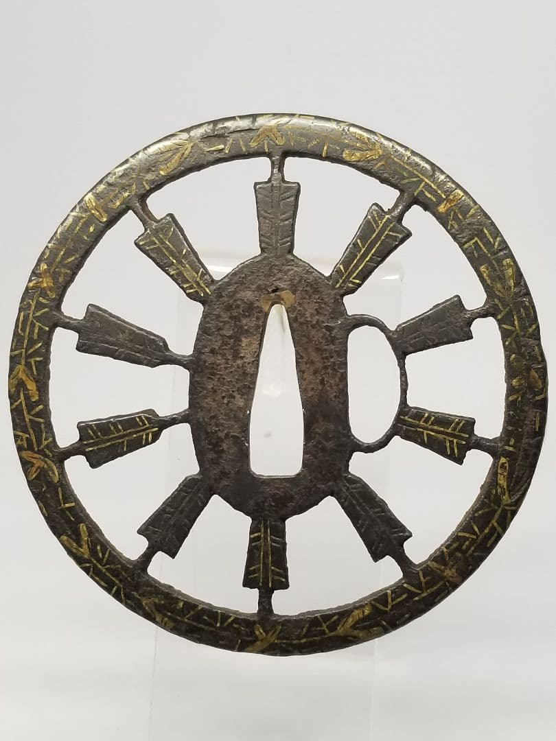 ハ*ル様 矢車透鐔 平安城象嵌 大鐔 9センチ 箱付 刀装具 刀剣