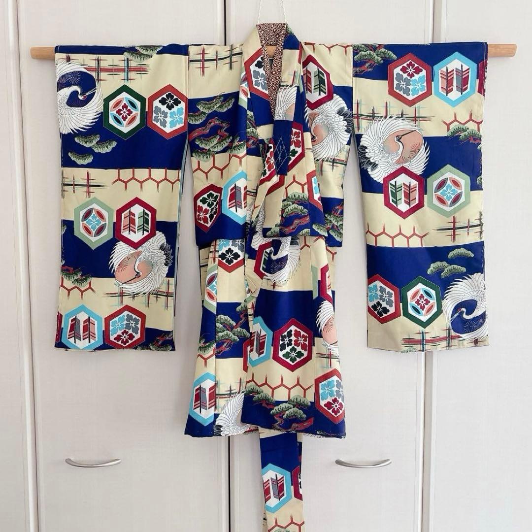 七五三　3歳　男の子　アンティーク　お着物　被布　セット　子供着物　青　鶴