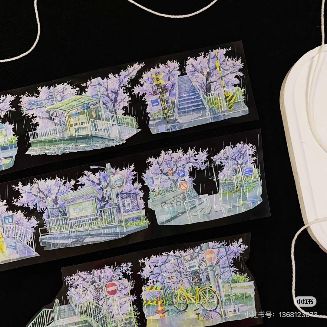 【9102】海外　マステ　3/5/巻　貝殻光マスキングテープ雨景色　街　桜背景系