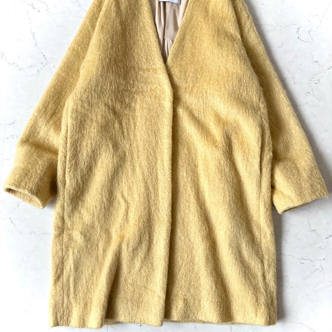 美品 アダムエロペ ウール モヘヤ シャギー ストール付 ロングコート 黄色
