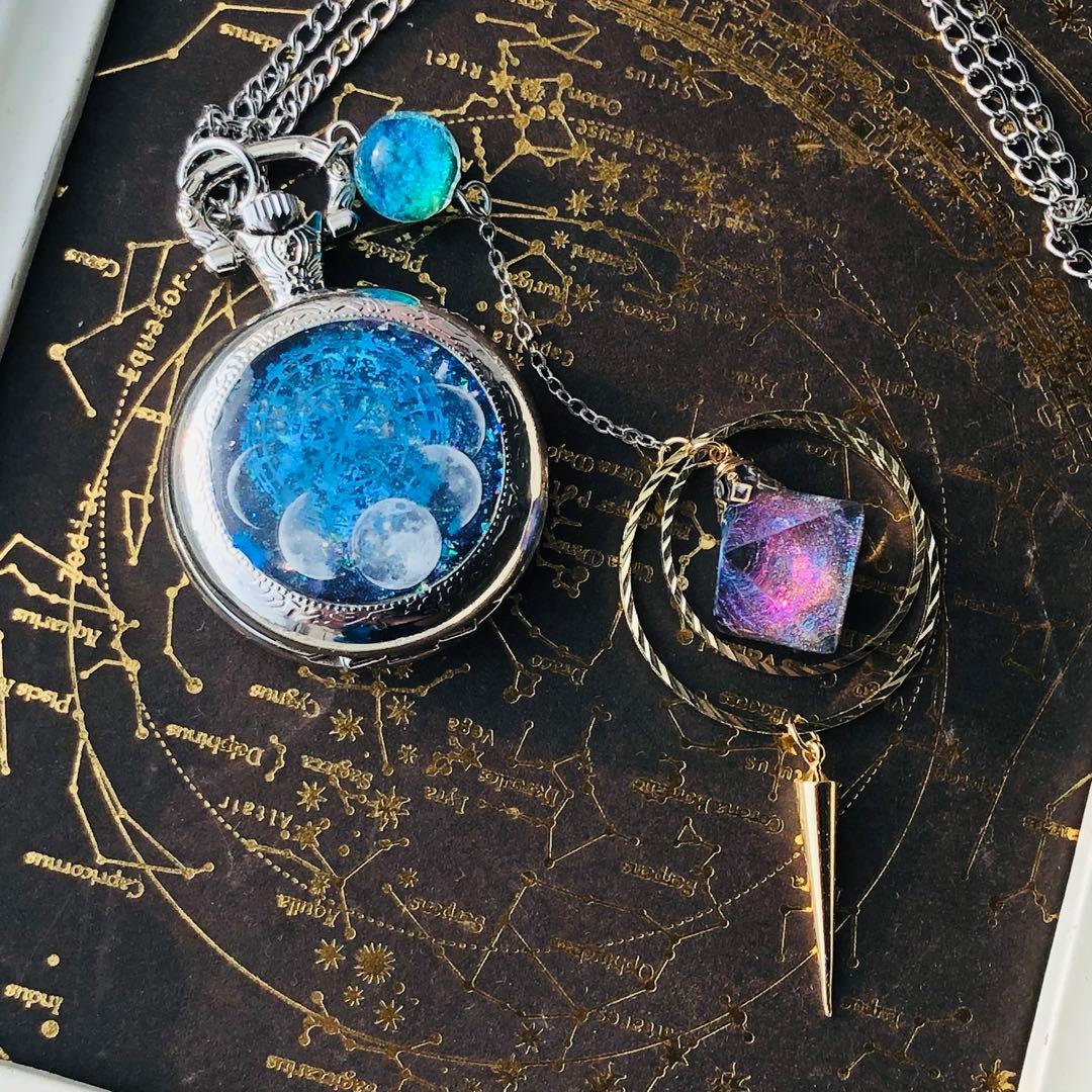 蓄光懐中時計、オルゴナイト付きの天体魔法使いの月の満ち欠け