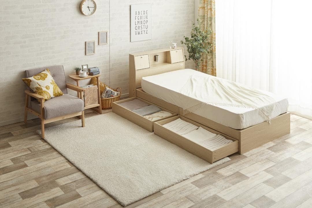 【セミダブル】Alloys引出し付ベッド+【マットレス】　ナチュラル