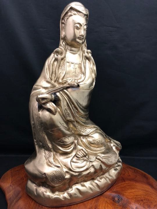観音 菩薩 銅製 仏像 台付　彫刻 置物 開運 風水 骨董 古美術 アンティーク
