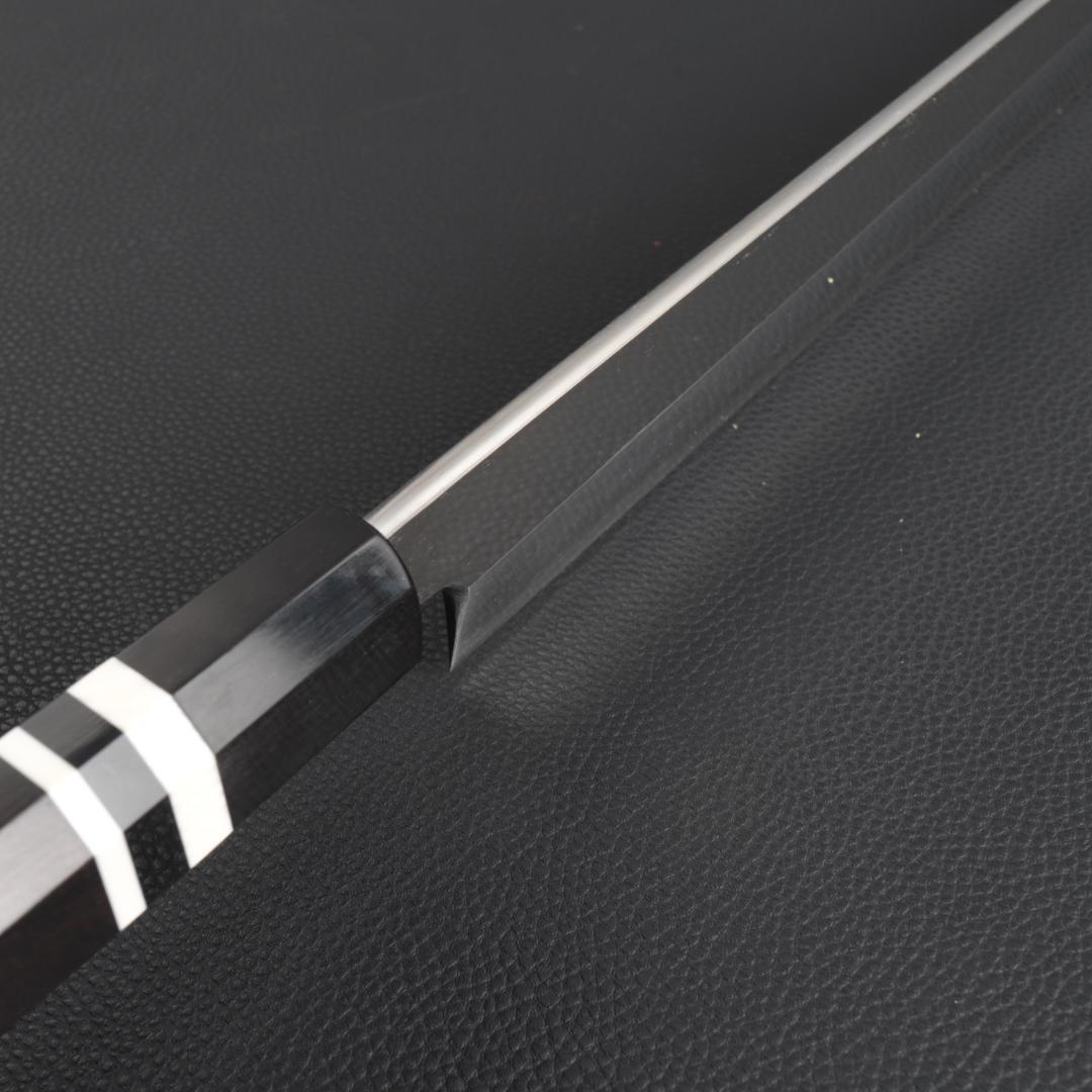9797 柳刃包丁 尺寸 刺身包丁 刃は究極の切れ味 黒檀黒水牛角白三本巻八角柄