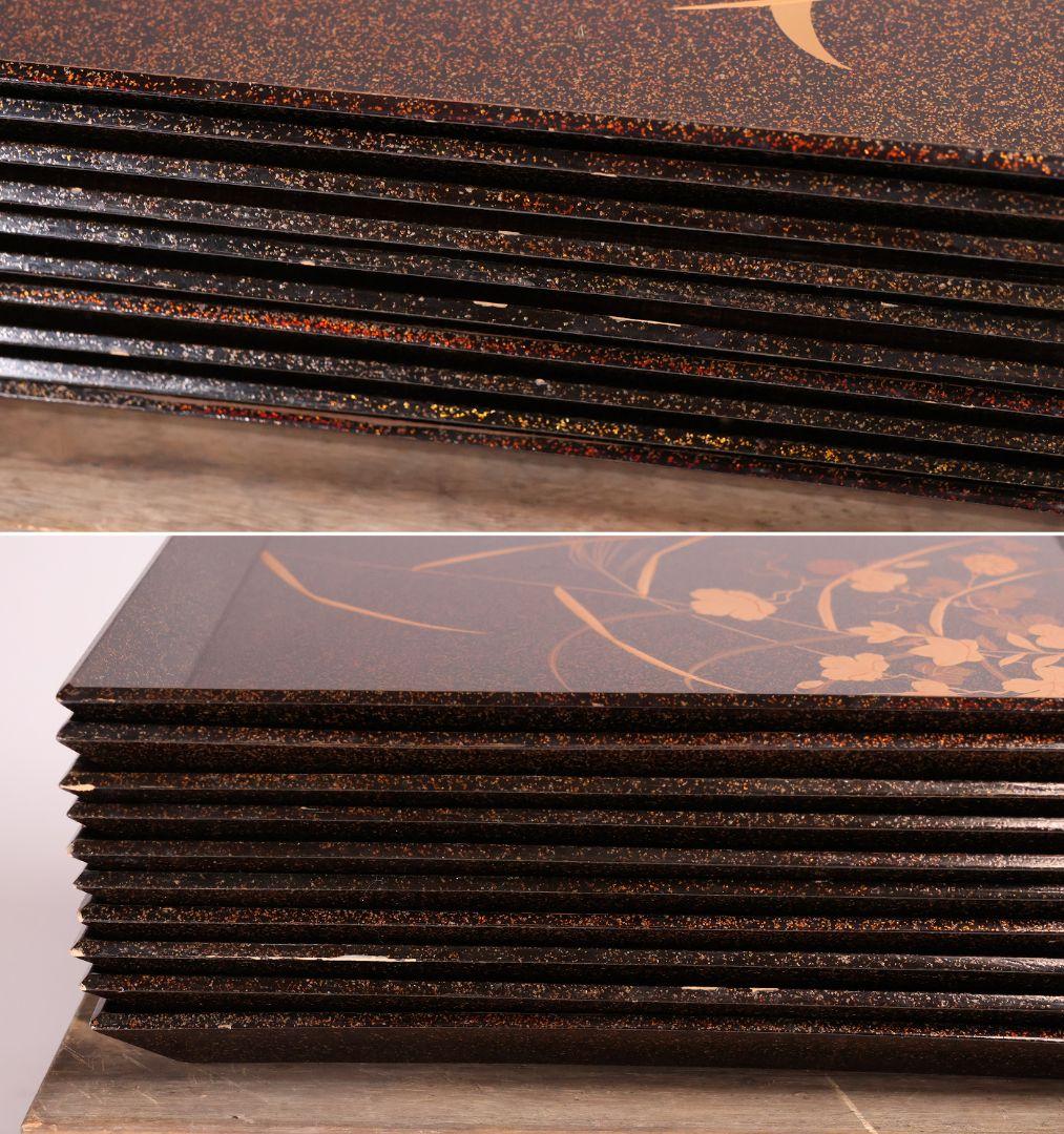 【MB45】時代 梨地吸物膳 十客 月と草花蒔絵 秋草 四方膳 卓上 折敷 木製