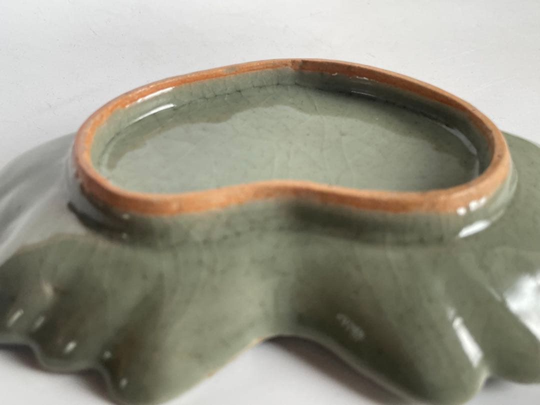 骨董　アンティーク　古九谷青磁　青磁瑠璃釉 葉文 葉形小皿　変形皿　向付