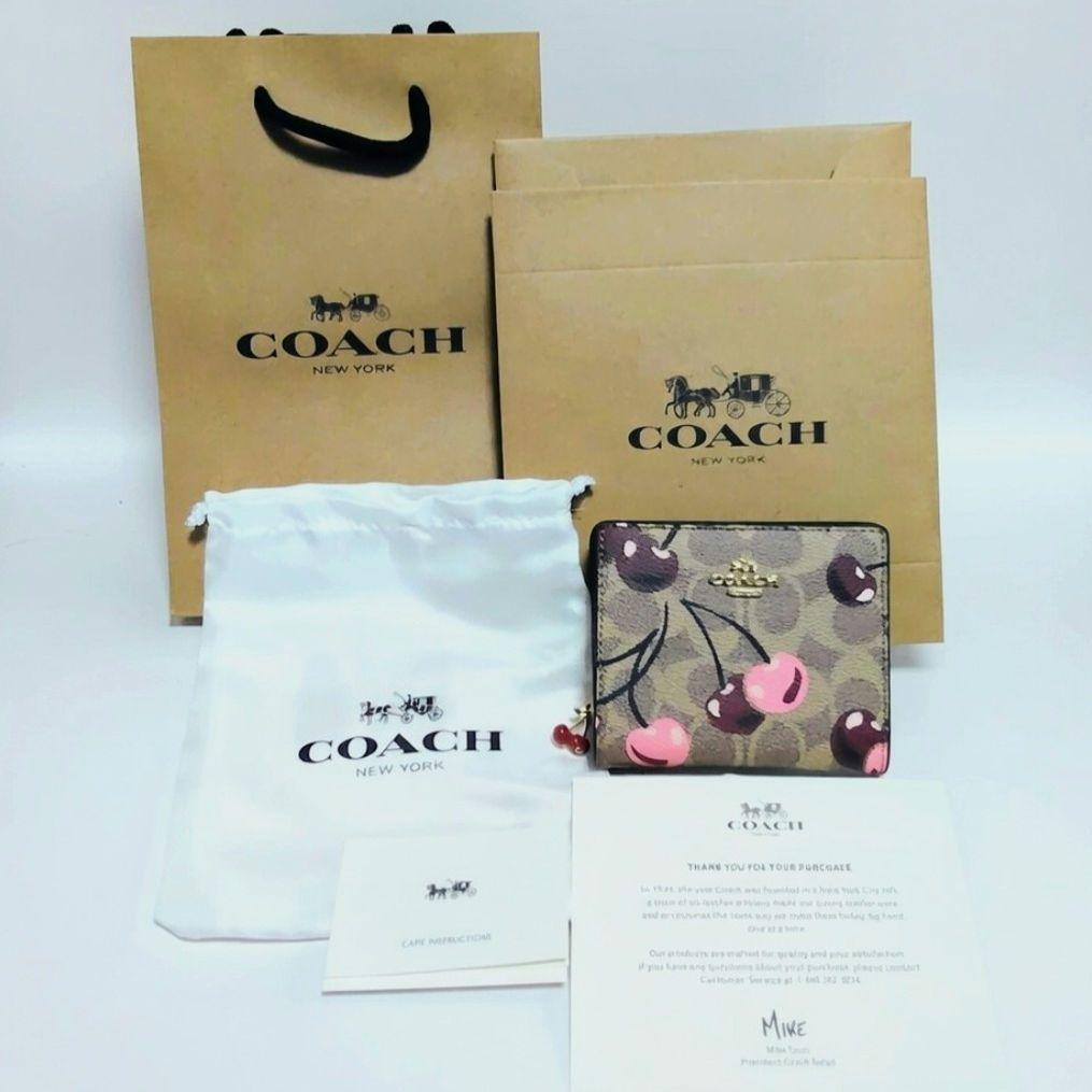 COACH チェリープリントシグネチャー スナップ二つ折り財布 ミニウォレット