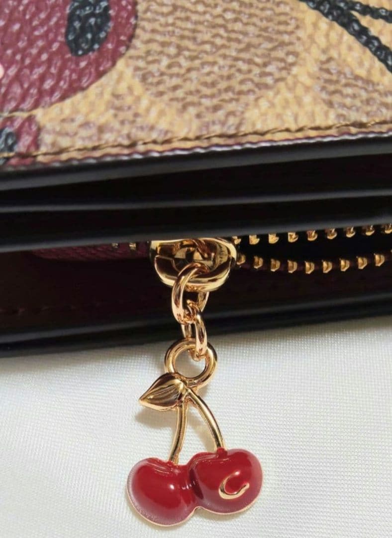 COACH チェリープリントシグネチャー スナップ二つ折り財布 ミニウォレット