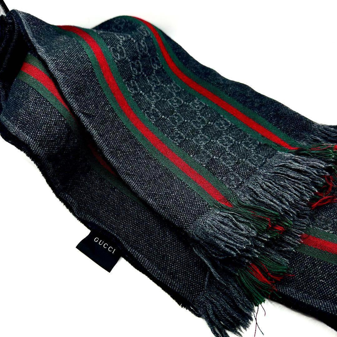 【美品✨】GUCCI マフラー シルク混 ウール シェリーライン GG柄 黒
