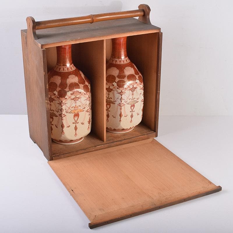 九谷焼　古九谷　赤絵金彩　瓔珞文　六角大徳利　一對　長壽箱付　G　R8975B