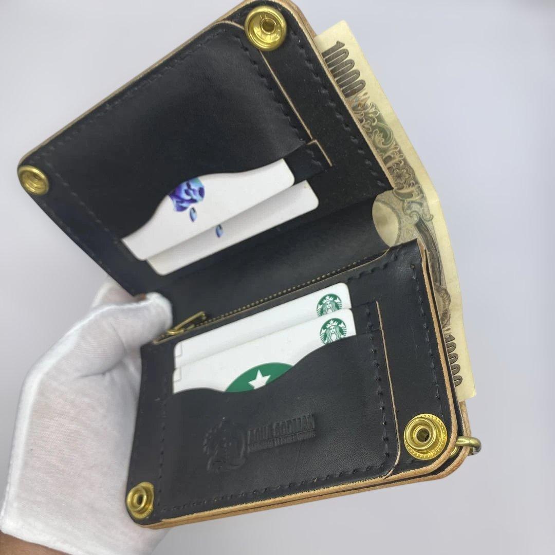 【無骨x上質 お札折らず収納】 丘染めブラック 手染めミドルトラッカーウォレット