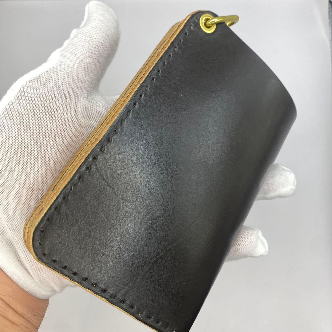 【無骨x上質 お札折らず収納】 丘染めブラック 手染めミドルトラッカーウォレット