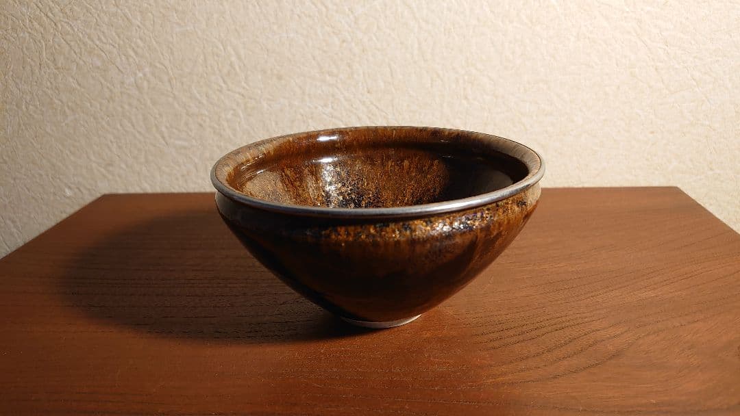 天目茶碗　銀縁 抹茶碗　茶道具　お碗　飴釉　李朝　古玩　アンティーク陶器　１客