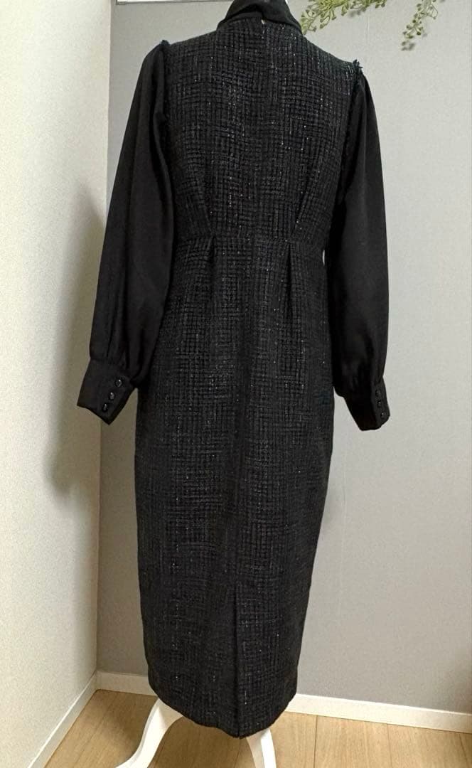 ルイルエブティック　ミックスツイードコンビ・ ロングナローワンピースドレス 黒L