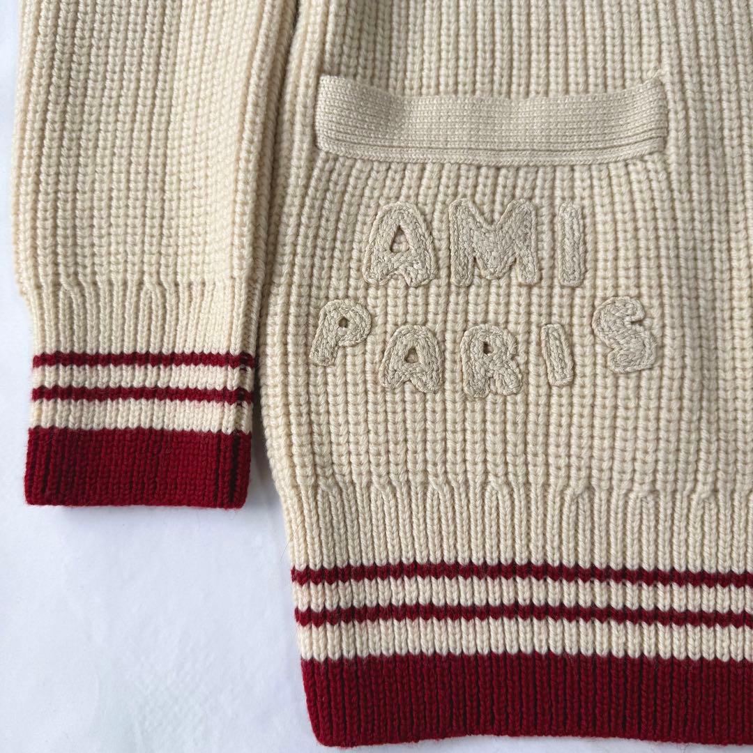 アミパリ Ami Paris カレッジリブウール カーディガン ホワイトクリーム