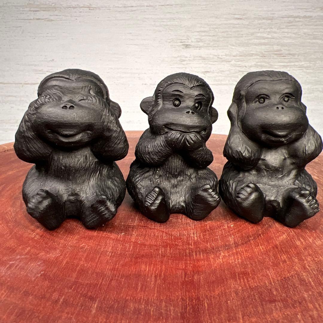 天然石　三猿　オブシディアン