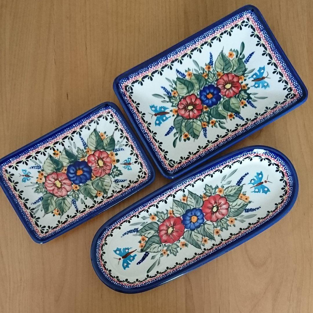 ポーリッシュポタリー お皿(赤花) ３個セット