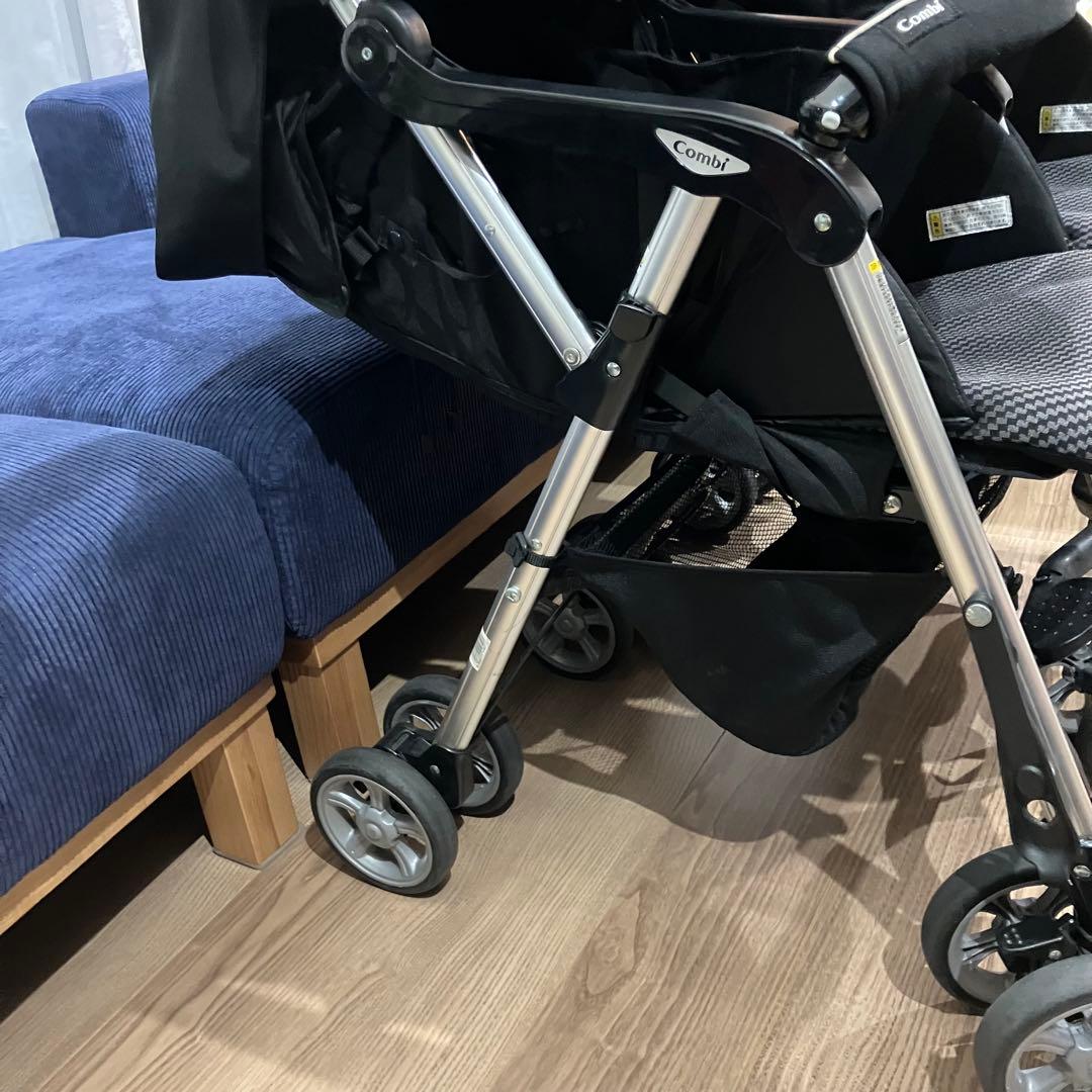 【にゃんこ】Combiコンビツインスピン　2人乗り双子ベビーカー雨カバー付