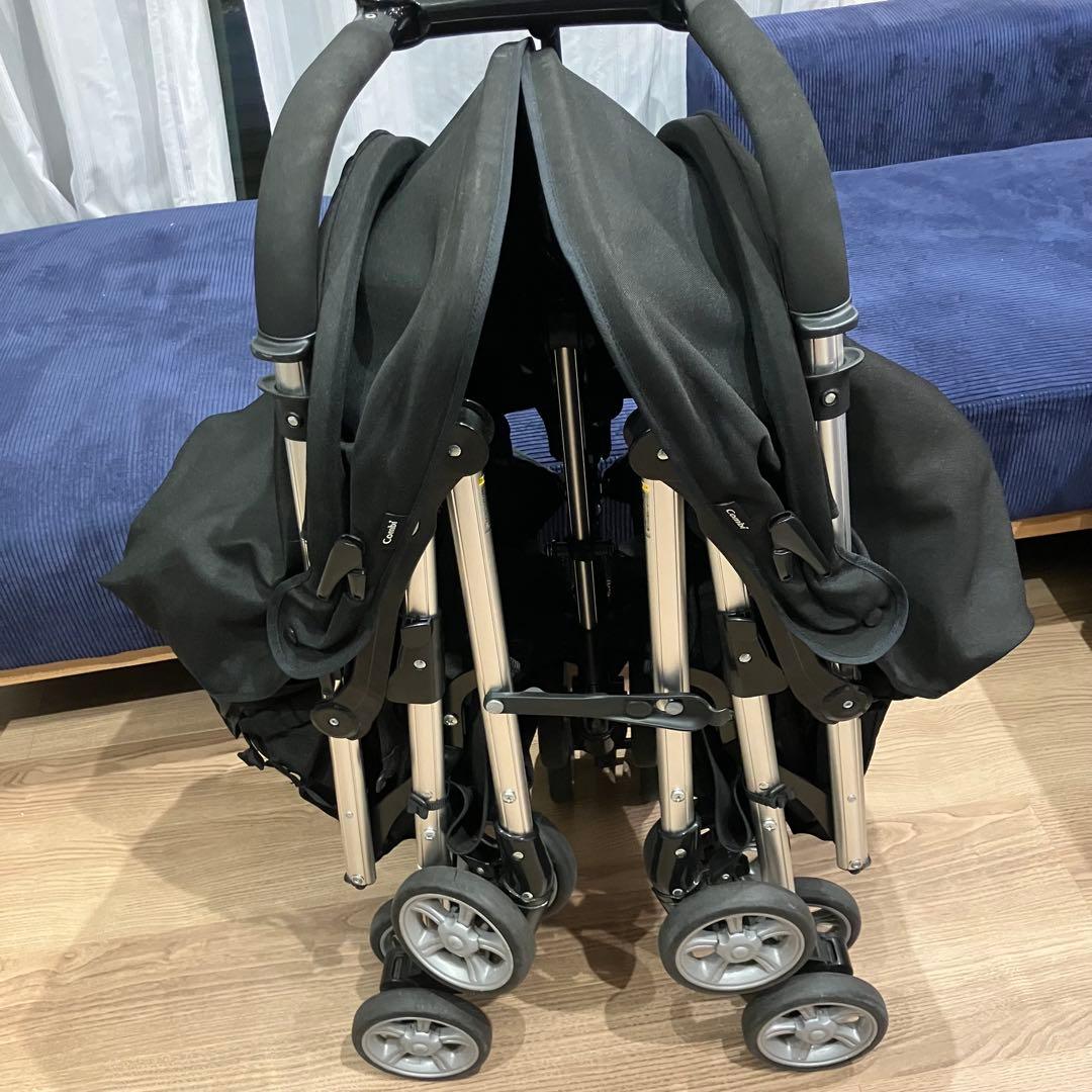 【にゃんこ】Combiコンビツインスピン　2人乗り双子ベビーカー雨カバー付