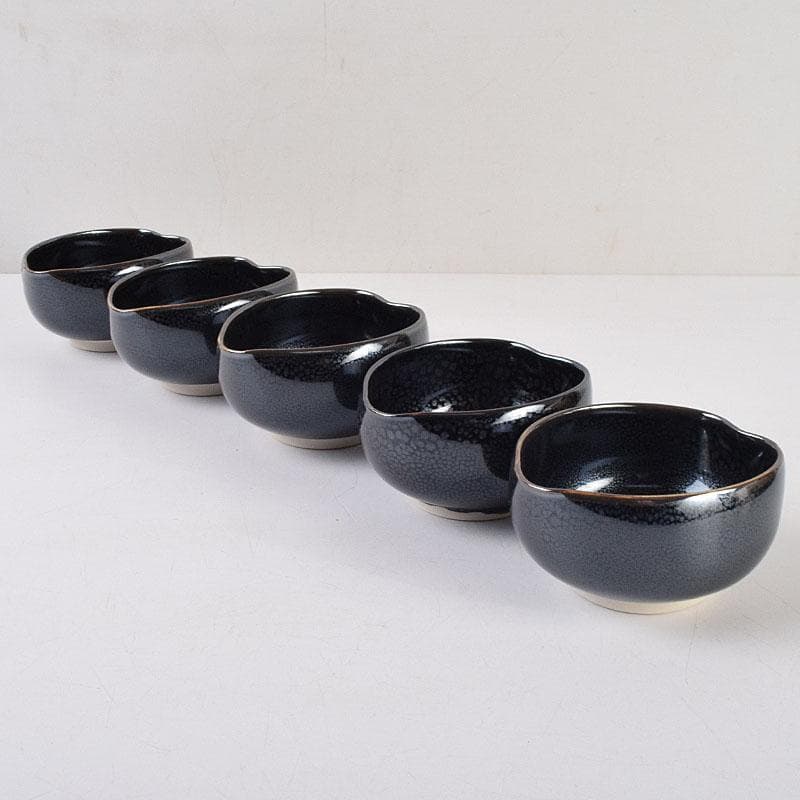 和食器　茶懐石　小杉焼　栄一窯　油滴天目釉　小鉢　五客　共布共箱　V　R9163