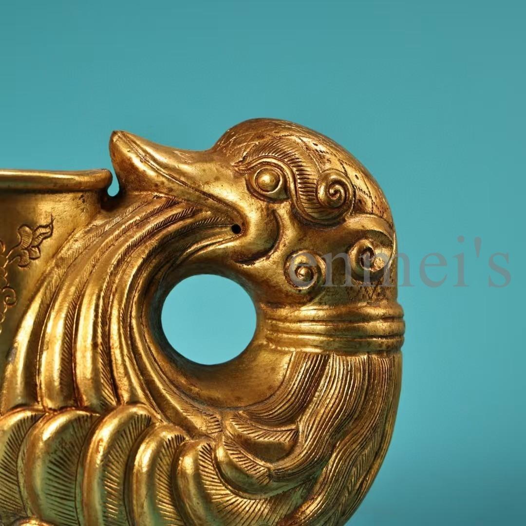 中国古美術・旧蔵純銅製・鎏金鳳凰酒杯一対・ワイングラス・高浮彫・錾刻・酒具・置物