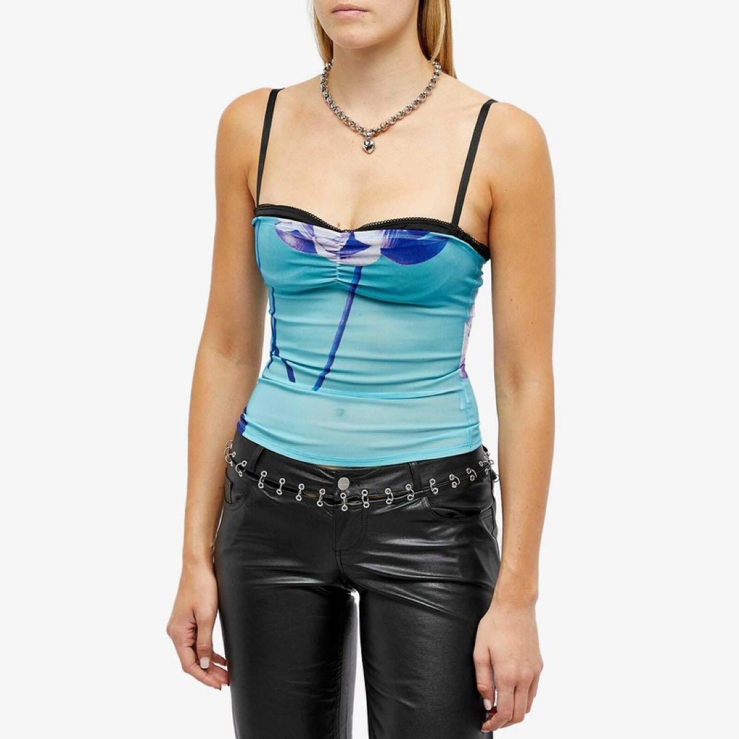 Miaou 青色 花柄 シースルータンクトップ