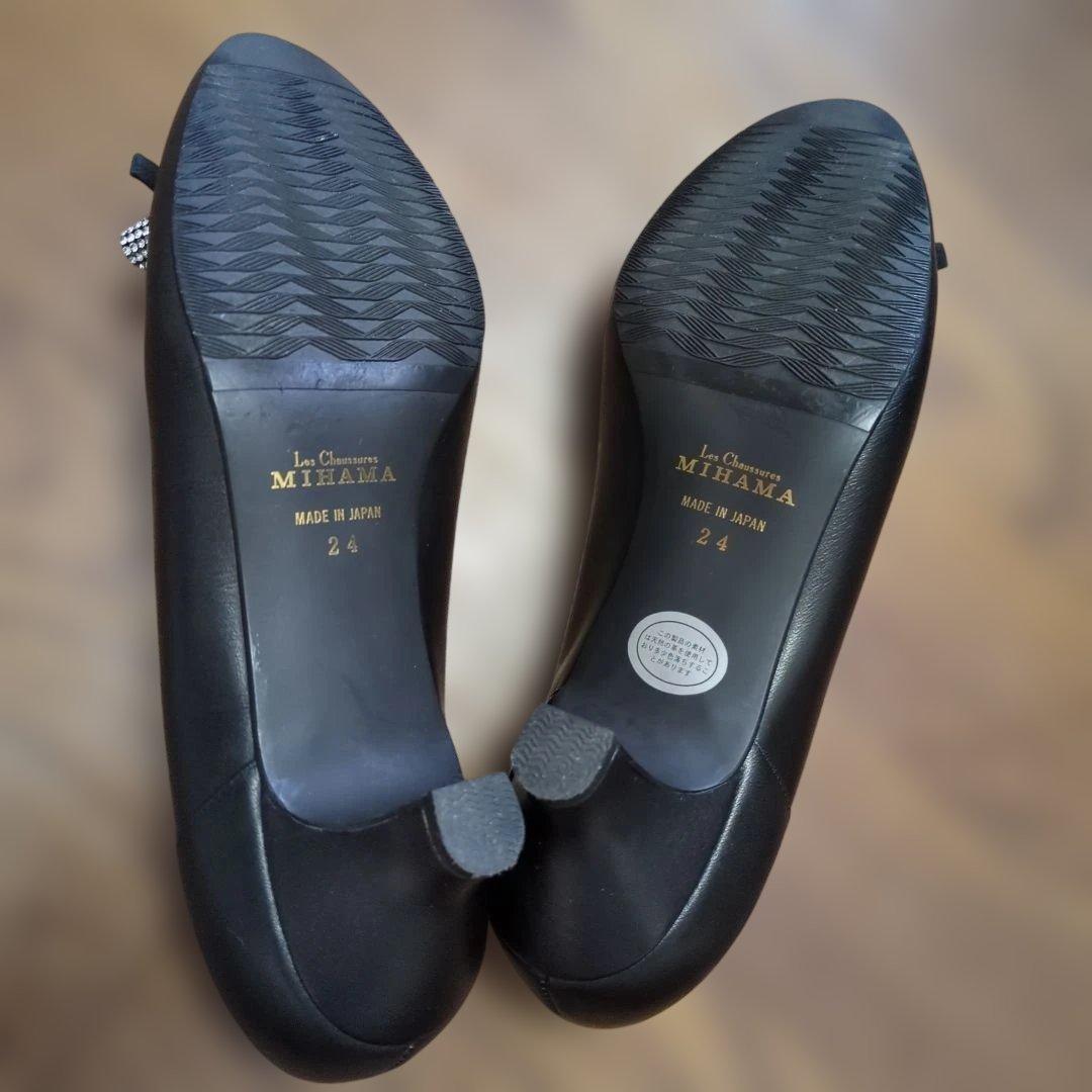 ミハマ　ラインストーンリボン付き本革パンプスブラック