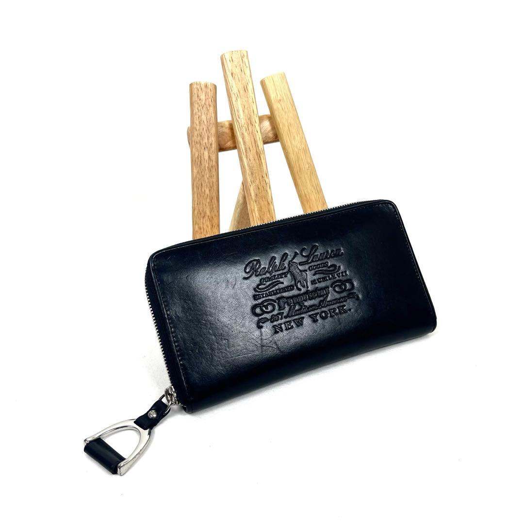 ラルフローレン　長財布　ラウンドファスナー　ビッグロゴ　型押しエンボス　レザー