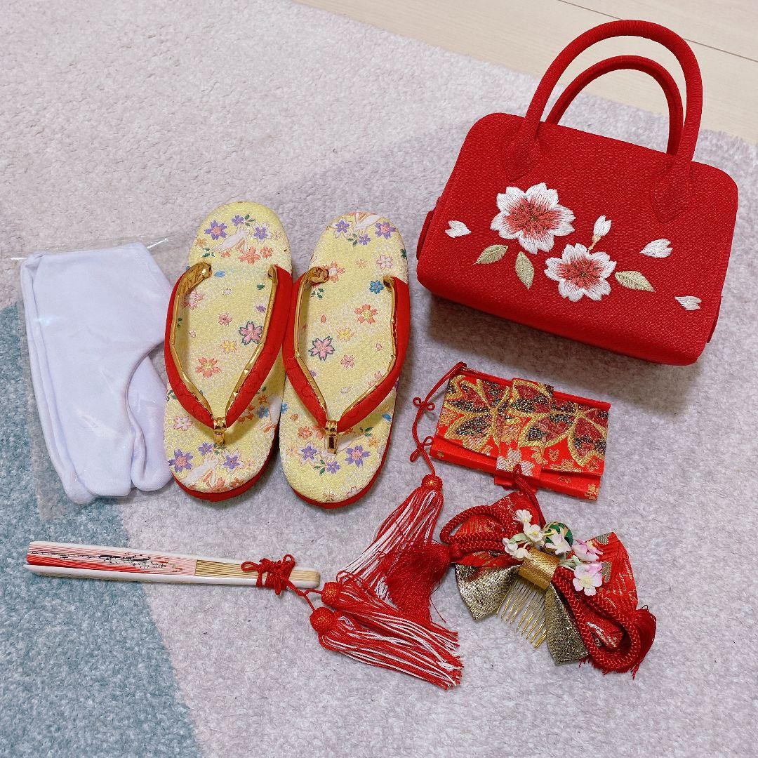 七五三 7歳 正絹 着物 作り帯 バッグ 草履 フルセット 絞り調 黒 赤