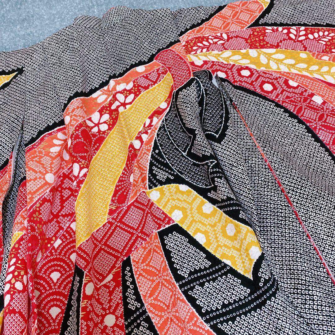 七五三 7歳 正絹 着物 作り帯 バッグ 草履 フルセット 絞り調 黒 赤