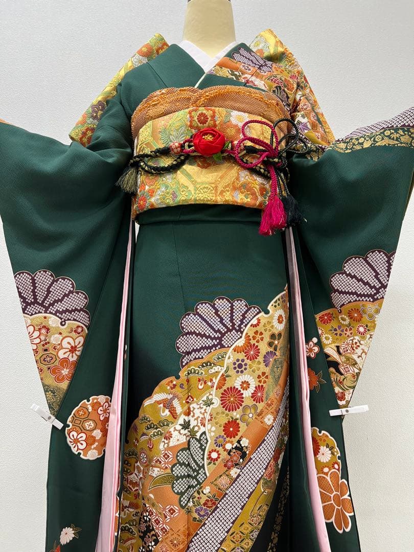 振り袖　フルセット　長襦袢付　金彩加工　振り柄有　成人式　美品　699