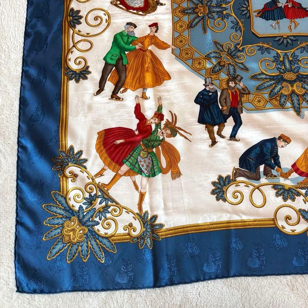 希少 美品 エルメス シルクスカーフ カレ90 冬の愉しみ ブルー HERMES