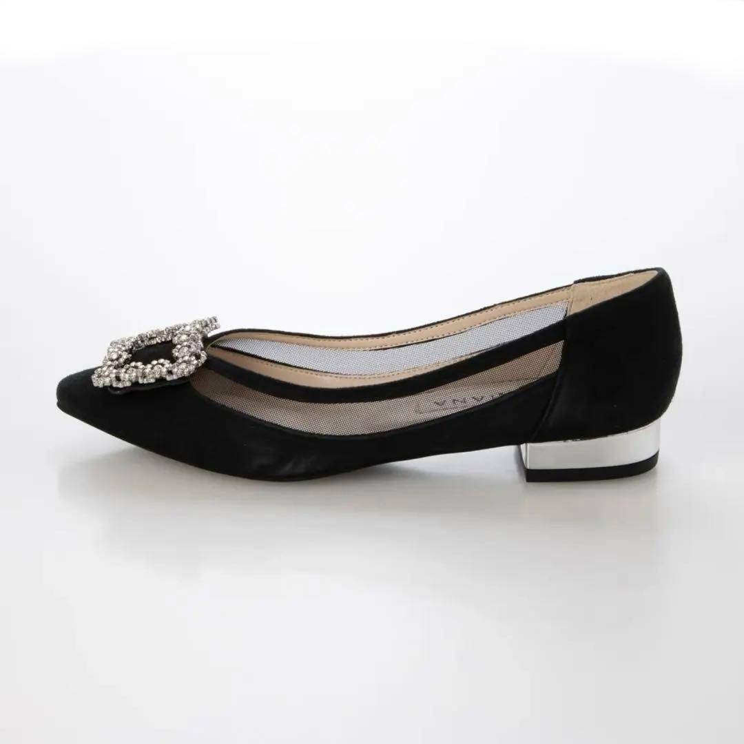 DINANビジューつきフラット黒スエード/24.5