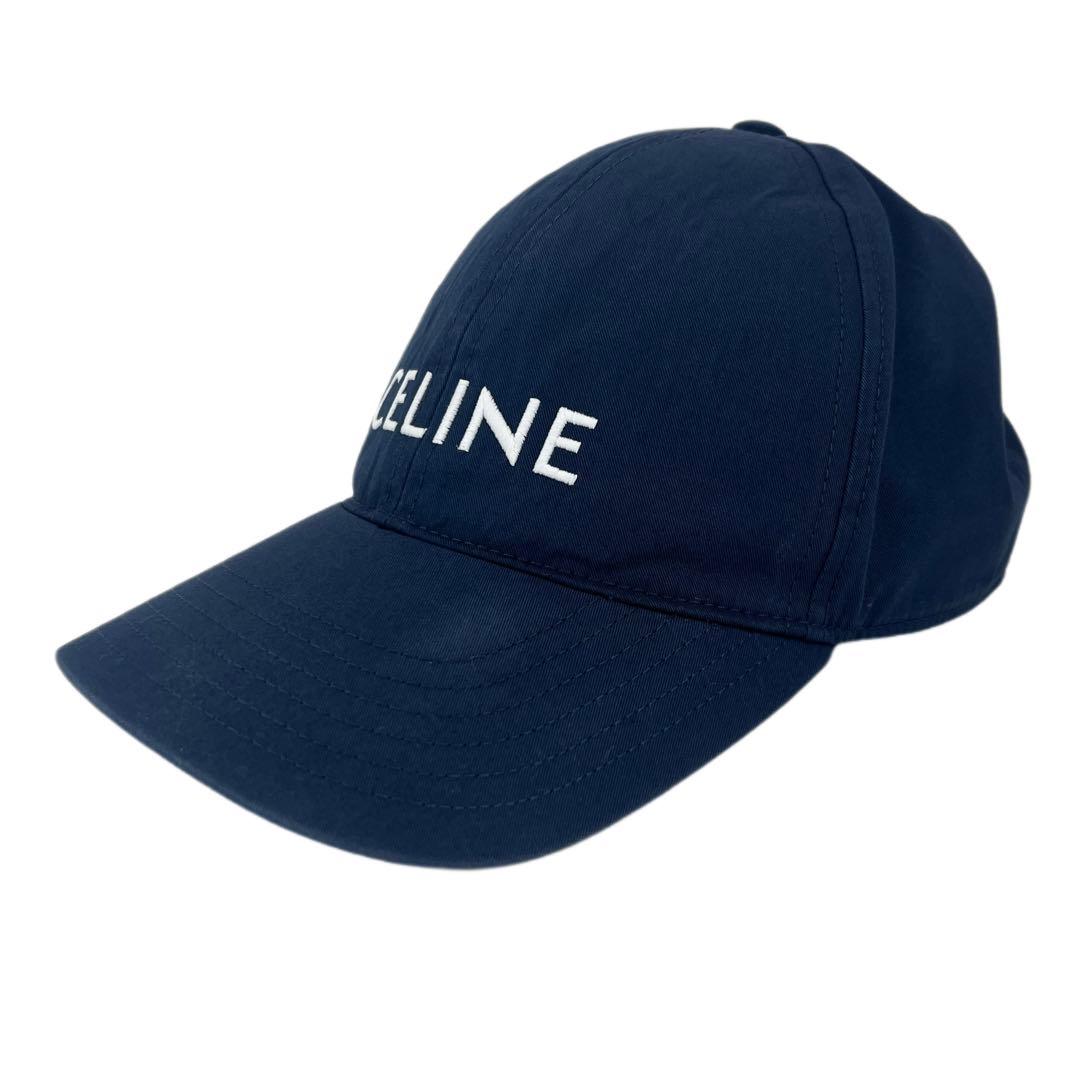美品　CELINE セリーヌ キャップ 帽子　コットン　ネイビー　ロゴ　刺繍　S