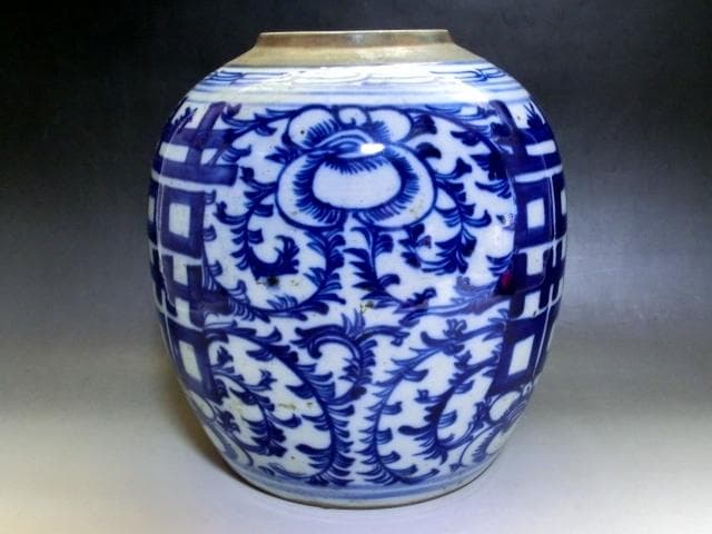 壷■染付花唐草丸花瓶 古い花器 古玩 唐物 中国 置物 古美術 時代物 骨董品■