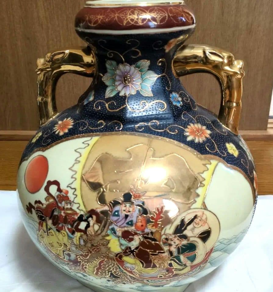 色絵金彩 人物文 双耳壺 花瓶 飾壺 九谷焼風 古美術 骨董