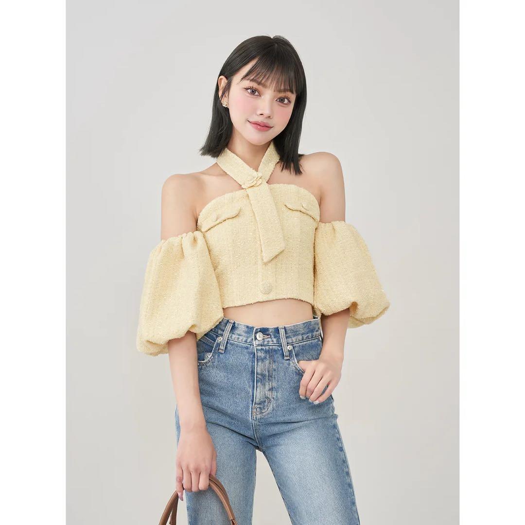 新品タグ付 イエロー ダーリッチ ホルターネックオフショルツイードトップス