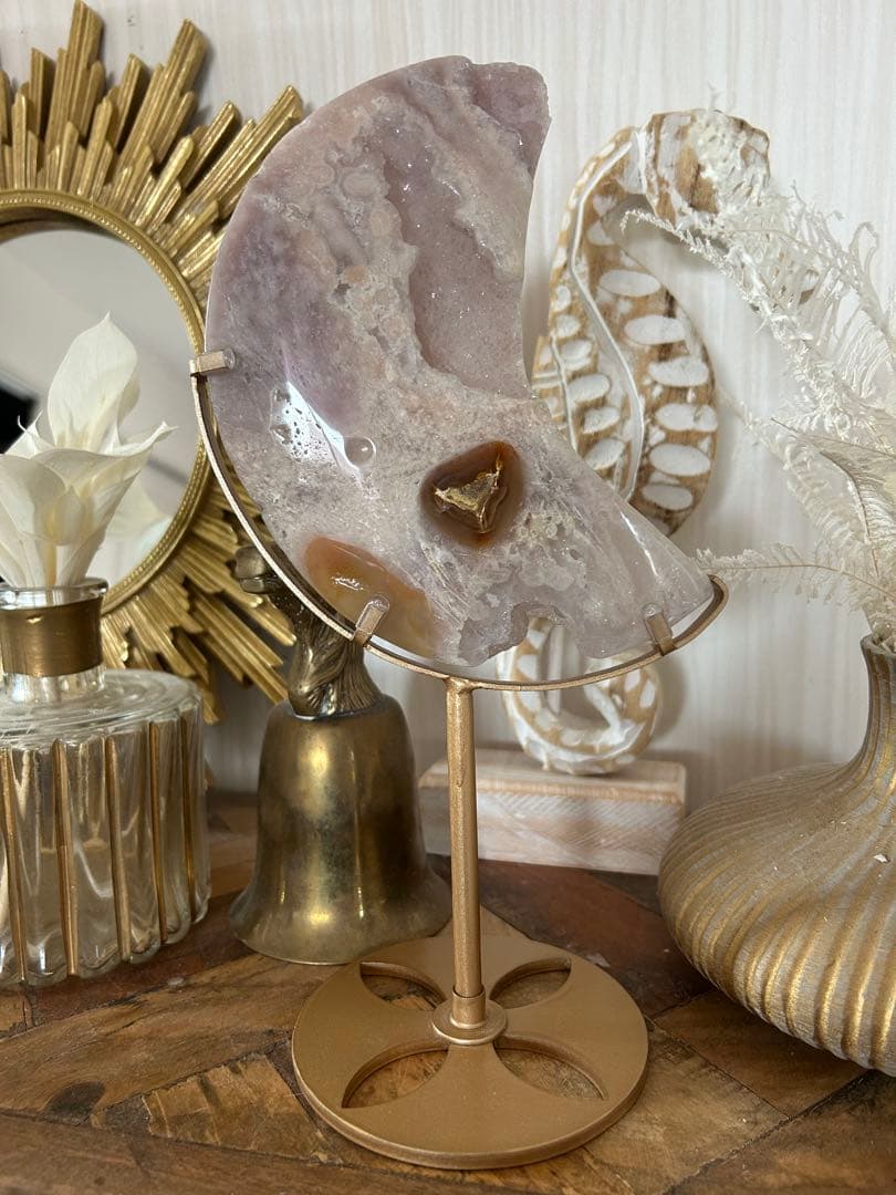 【天然石 ピンクアゲート｜三日月オブジェ｜ジオード入り】