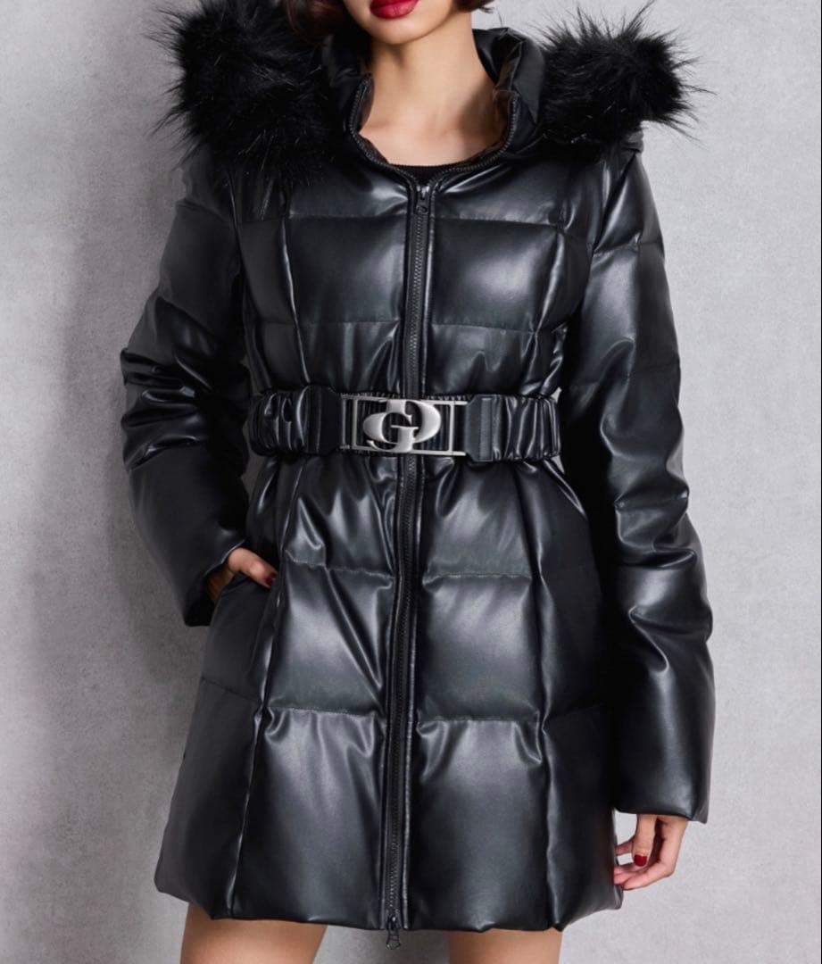 GDベルト付きフェイクレザーロングダウンコート
