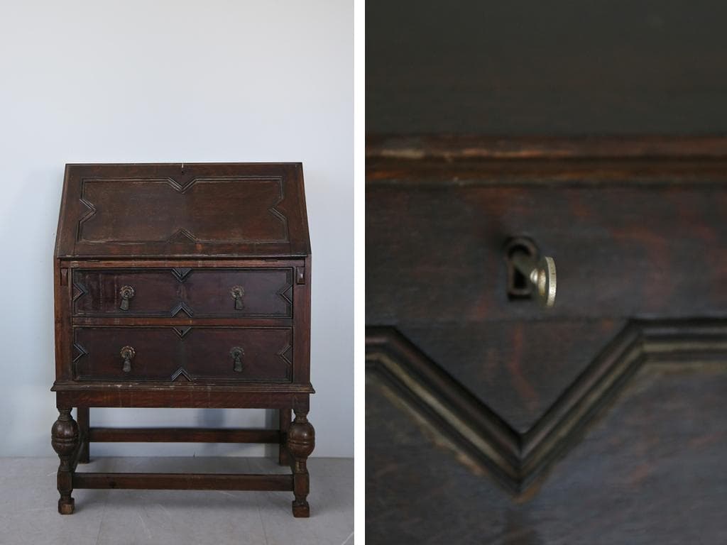 英国アンティーク木製ライティングビューロー/勉強机デスク/チェスト(92-225