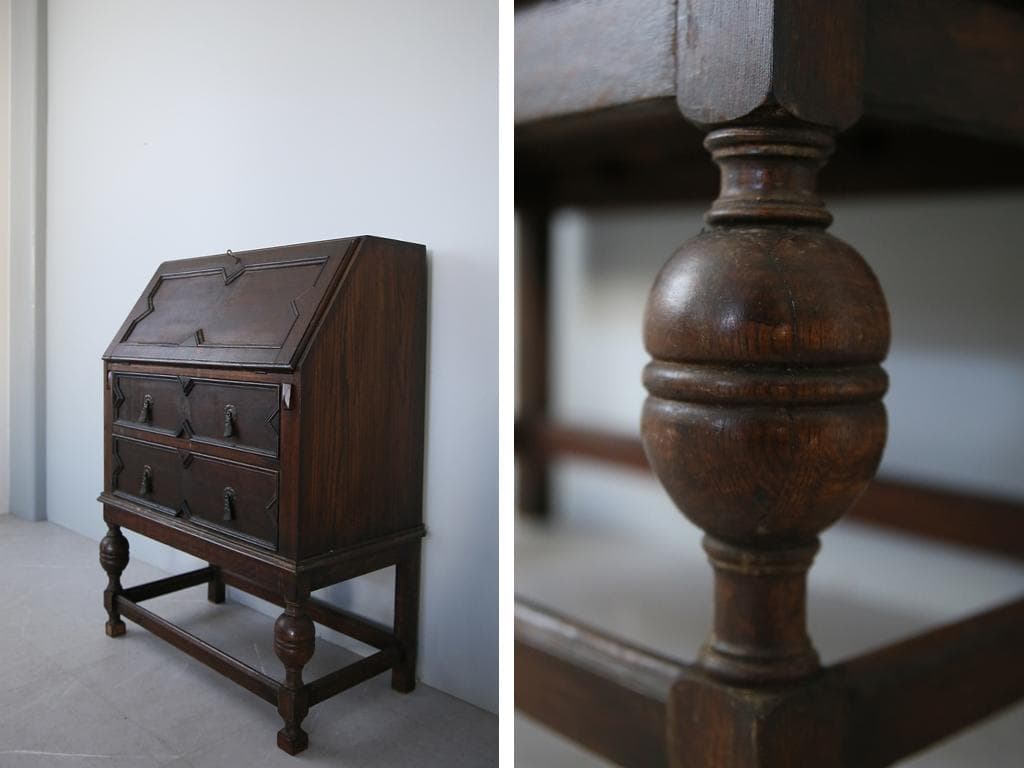 英国アンティーク木製ライティングビューロー/勉強机デスク/チェスト(92-225